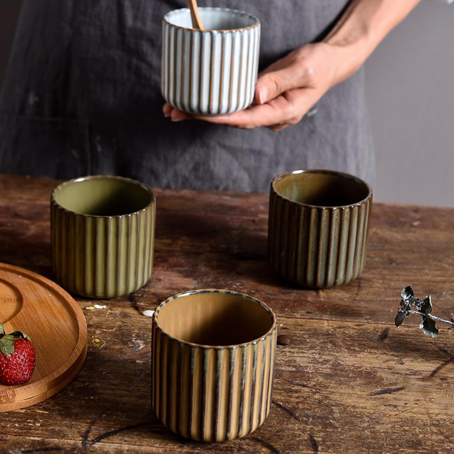 Vinitage Ceramic Mug, Japanese Tea Cup 6oz Striped Cup No Handle Drinking Cup for Latte Milk Water Beverage Juice Microwave and Dishwasher Safe, Kiln Transformation Cup (Brown) - Image 5