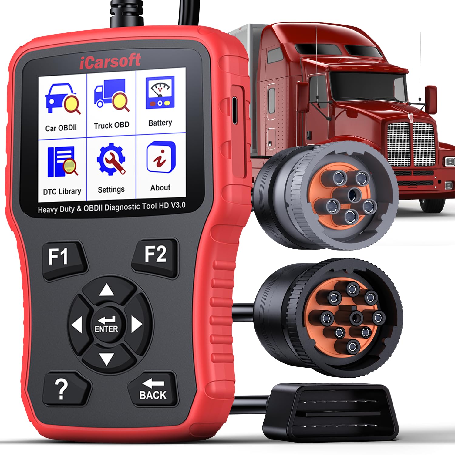 iCarsoft HD V3.0 Heavy Duty Truck Multi-Systems Scanner, OBD2 Scanner for Diesel Trucks, 2-in-1 Code Reader for Truck & Car with Full OBD2 Modes,