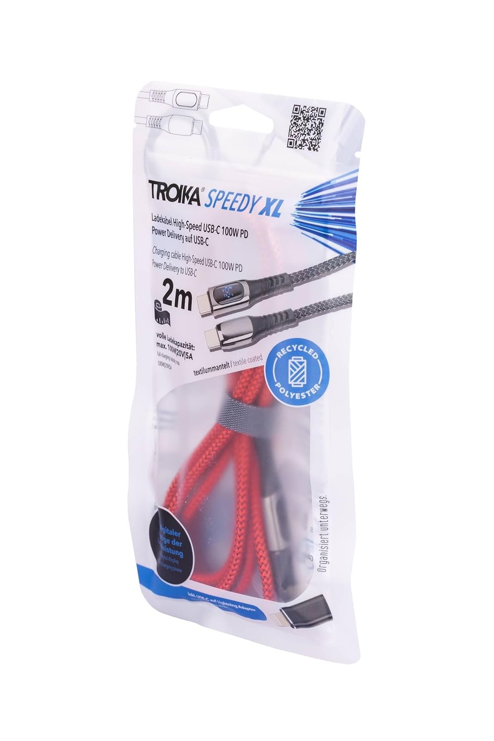 TROIKA Charging Cable High-Speed USB-C 100W PD Power Delivery to USB-C - SPEEDY XL - with Data Transfer Function - with Digital Display of Charging Power - Metal, Polyester - Gunmetal, Red