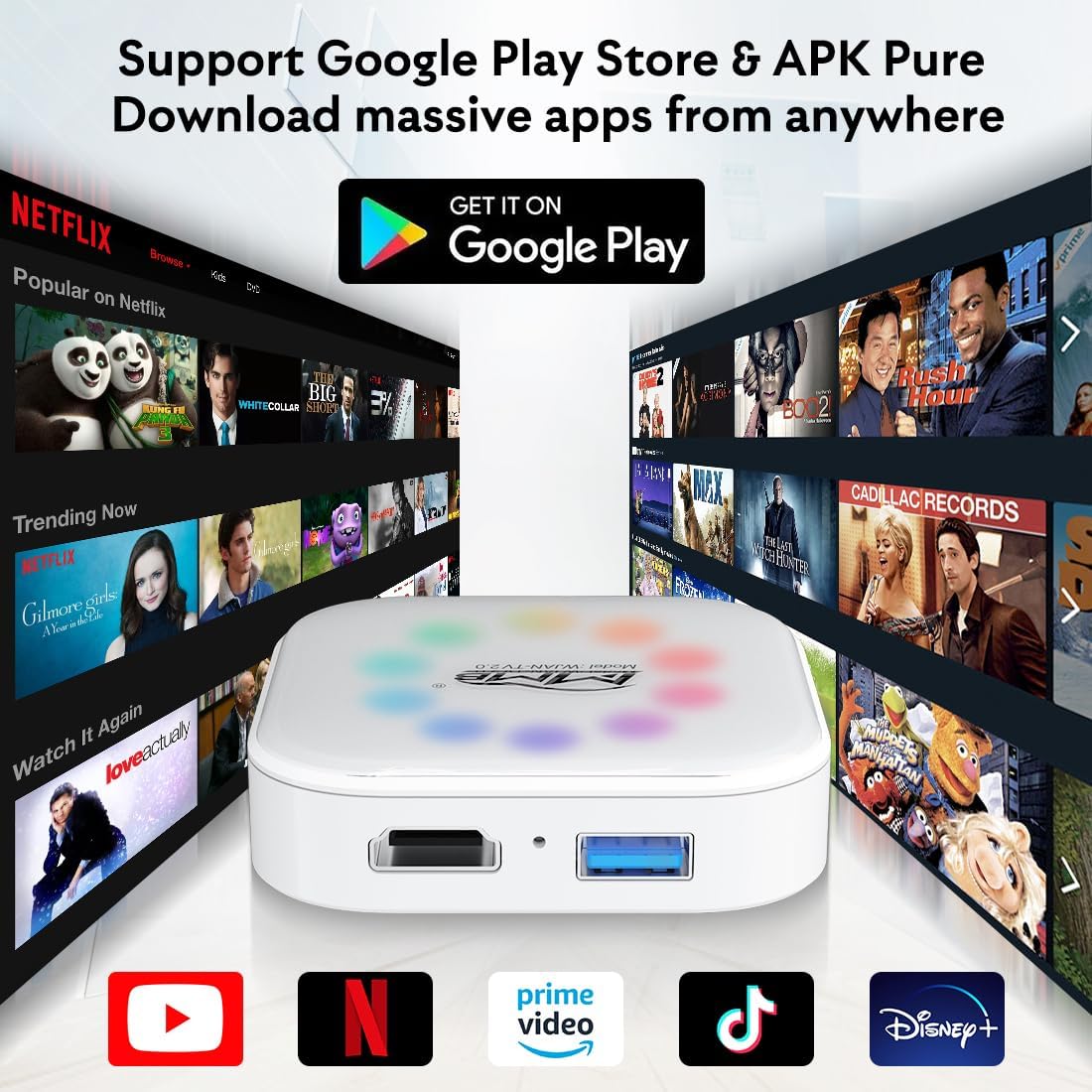 MMB Magic Video Box 2.0 surrounded by logos of streaming services like Netflix, YouTube, Prime Video, TikTok, and Disney+