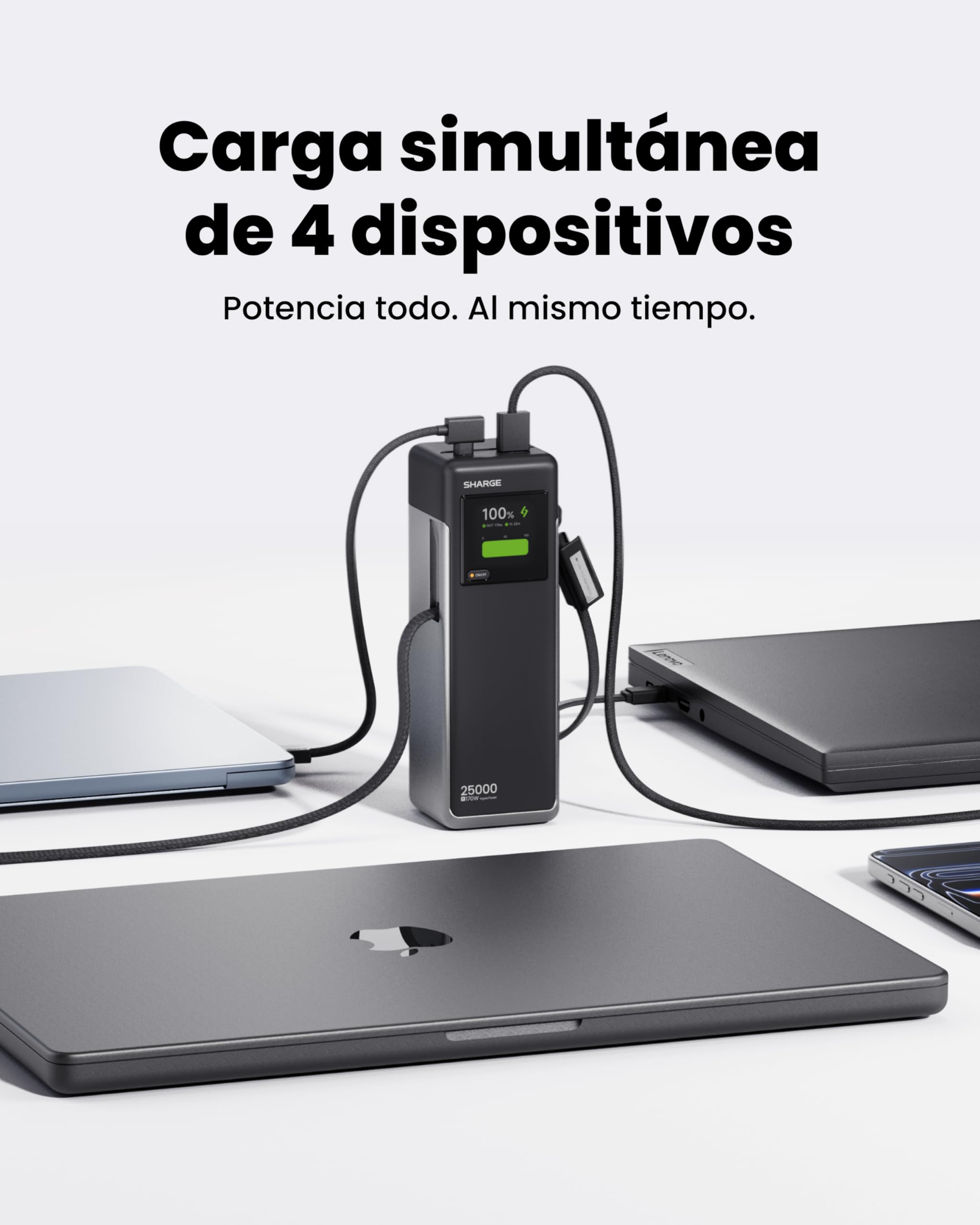 sharge Laptop Power Bank 170W, HyperTower 170 Cargador Rápido 25000mAh con Cables Integrados Retráctiles Portátil, Pantalla TFT Smart, 4 Puertos USB (WH-EU)