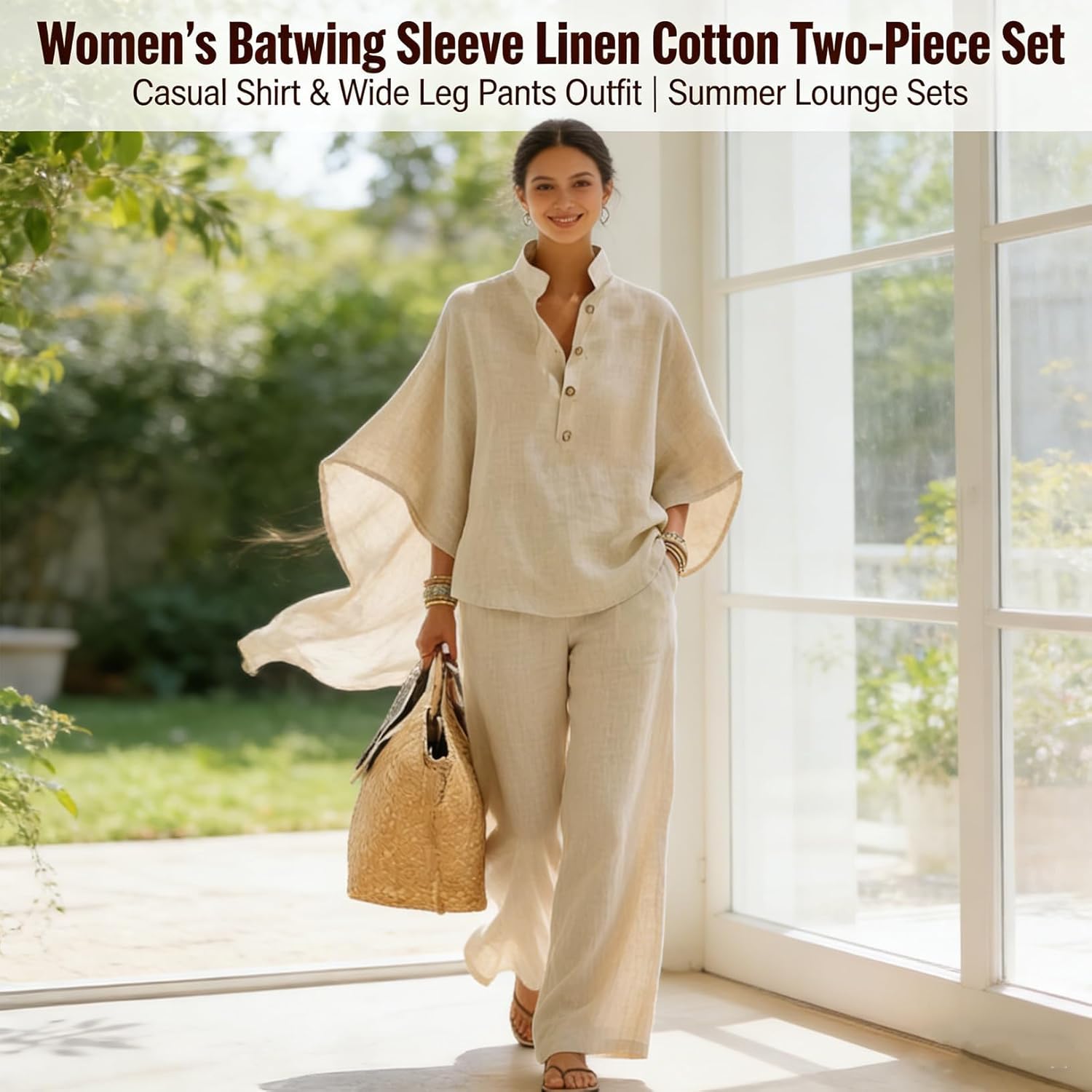 2026 New Women's Batwing Sleeve Linen Cotton Two-Piece Set, Casual Shirt & Wide Leg Pants Outfit
