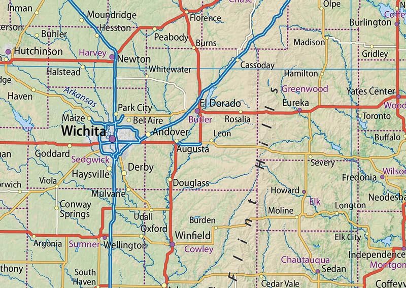 Kansas State Physical Map - 16.5 x 27.5 Inches - Paper Laminated