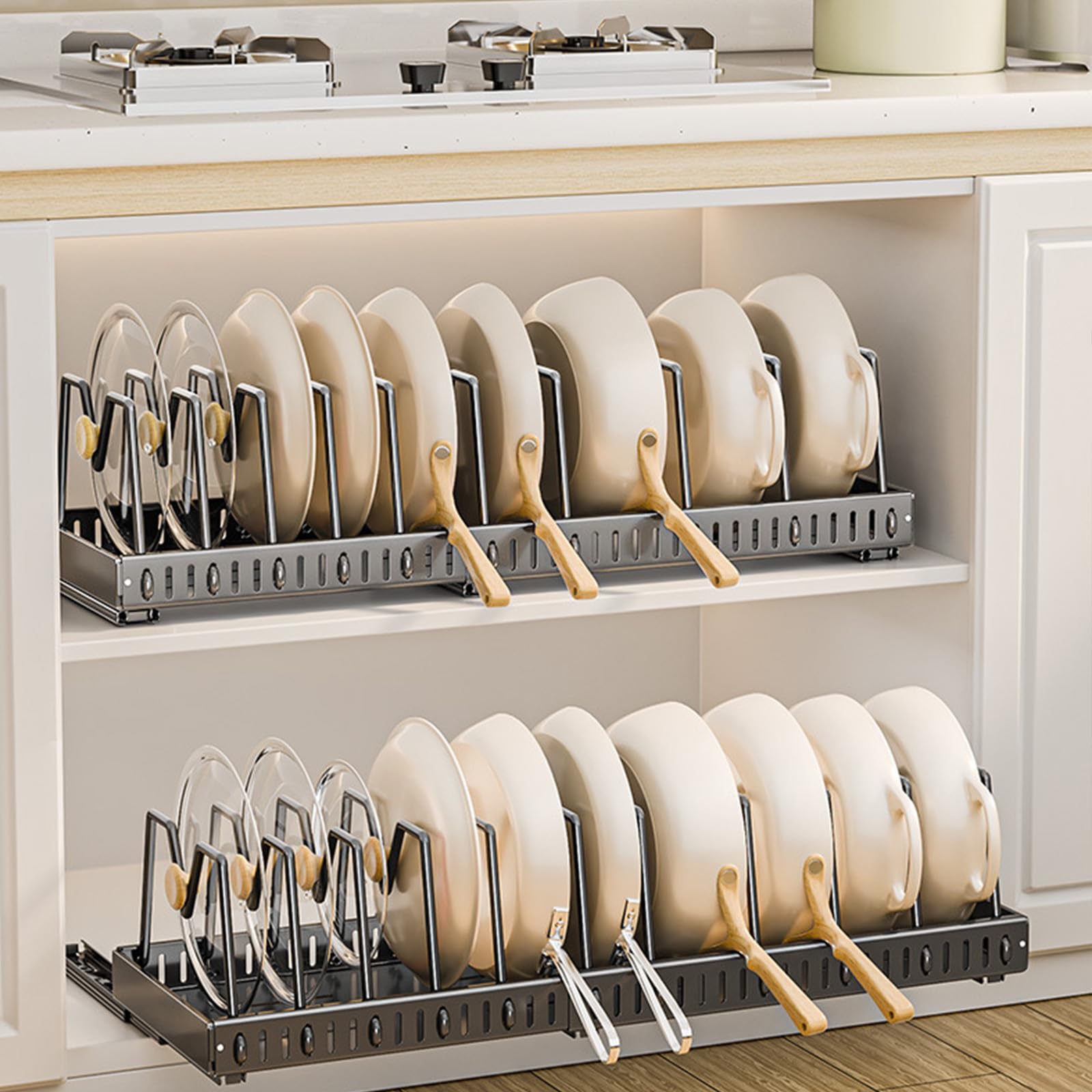Organizador de tapas para el interior del armario, organizador de tapa de olla expandible con 10 separadores ajustables, extensión y contracción, longitud total de 43,5 a 78 cm (gris, 10 divisores)