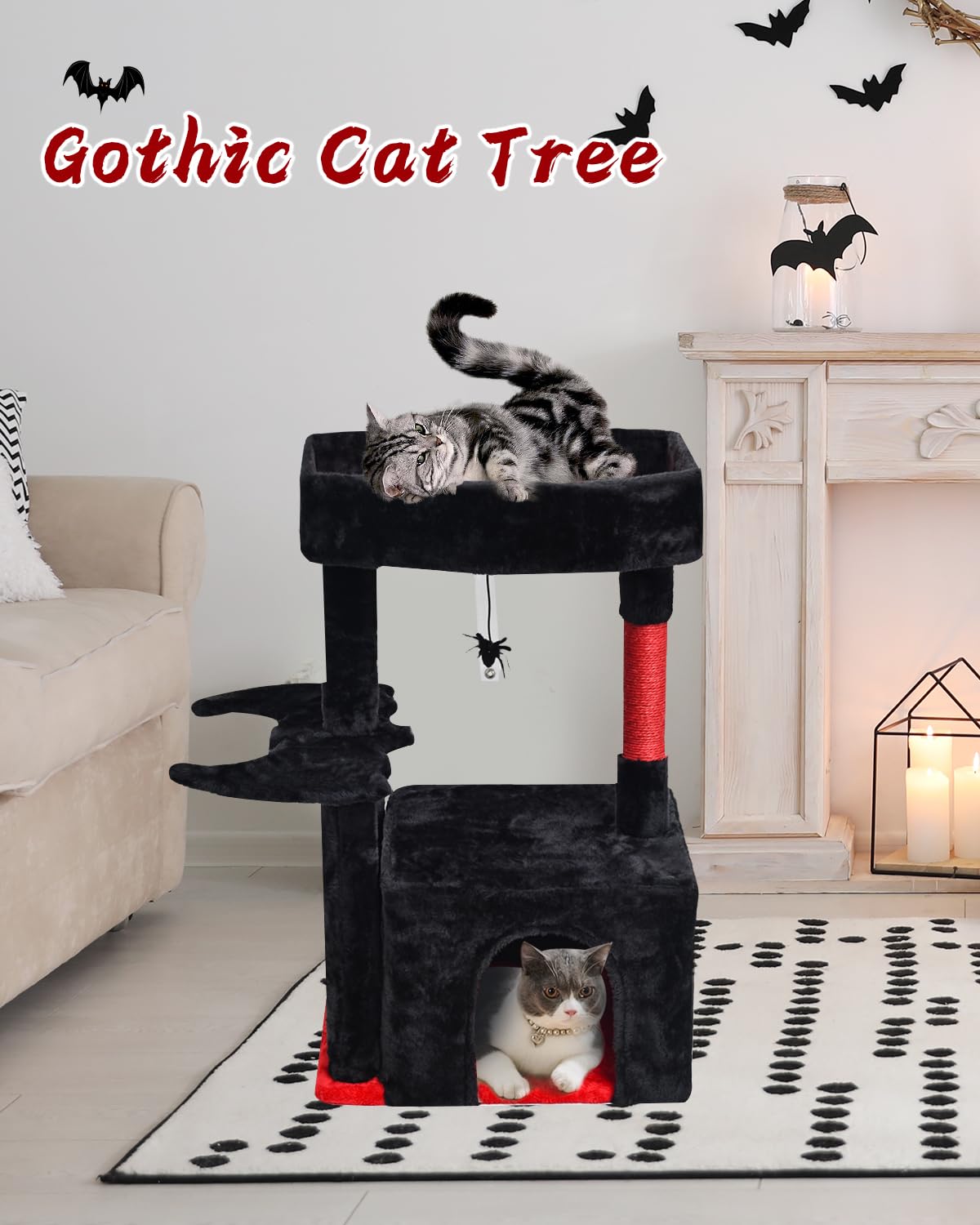 SYANDLVY Gothic Cat Tree with Coffin Bed for Indoor Cats, Activity Tower with Scratching Post, Modern House for Large Cats, Cat Condo Furniture with Basket & Hanging Spider for Play Rest, Black & Red