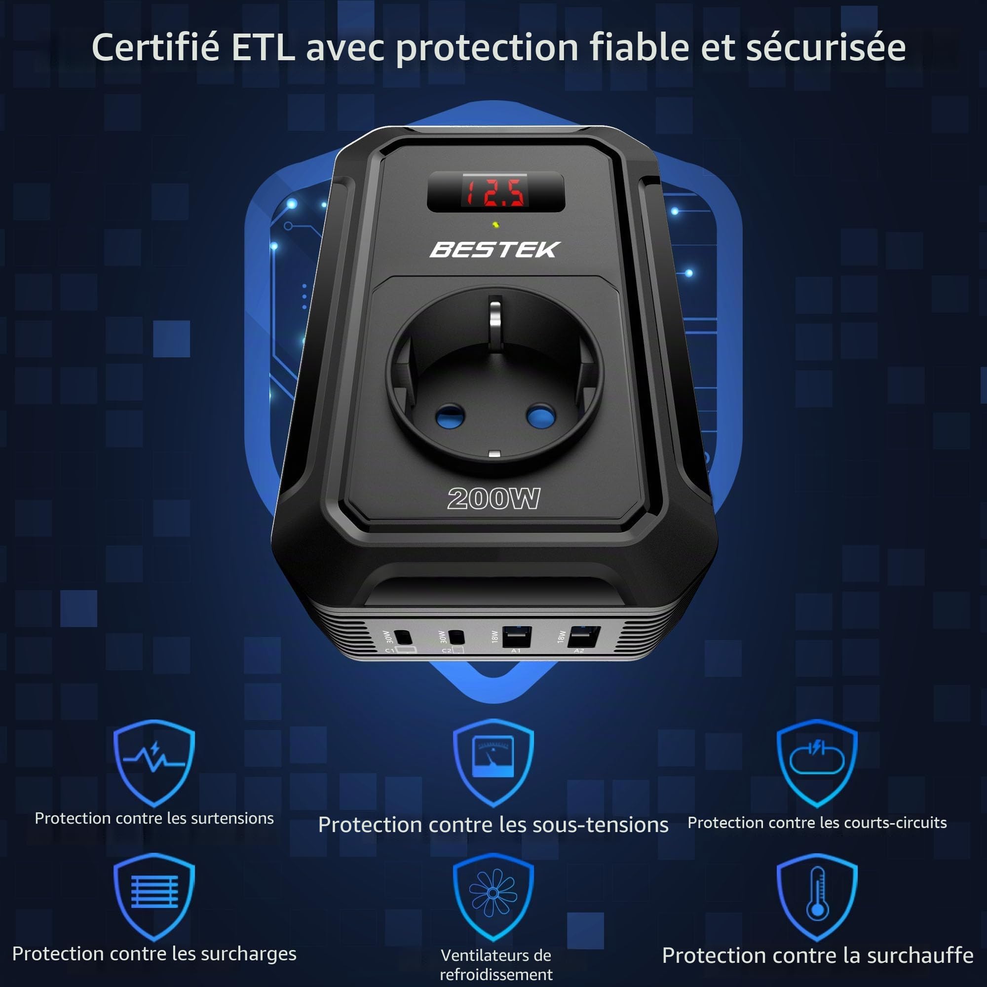 BESTEK Convertisseur 12V vers 220V/230V/240V 200W avec Prise Allume-Cigare, 4 Ports USB et 1 Prise EU. Idéal pour Voiture et Camping, Multi-Protections. Design Noir Compact et performant Onduleur