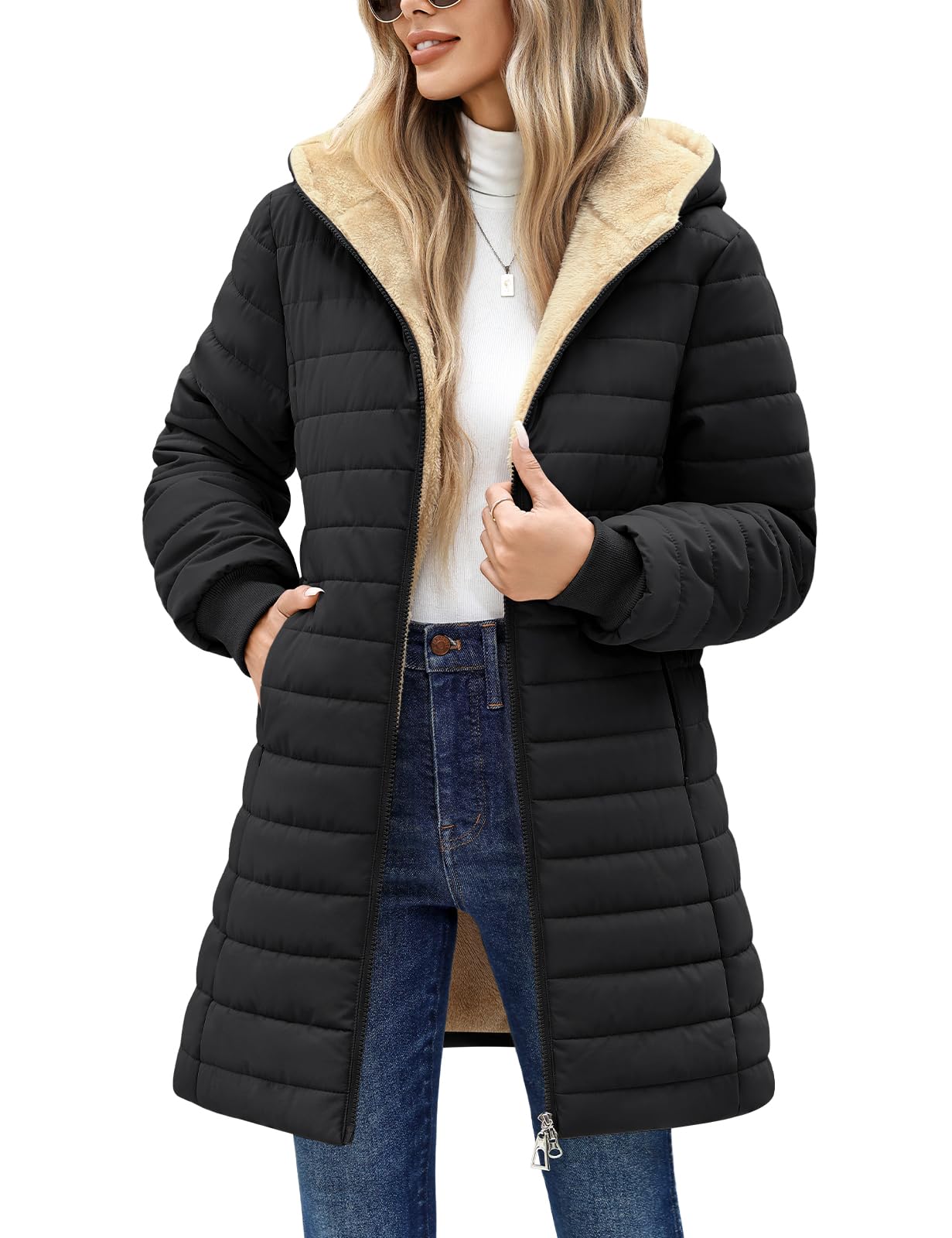 Tuopuda Manteau Femme Hiver Matelassée Veste Polaire Chaud Parkas Blouson Zippée à Capuche mi Longue Coat Outercoat Slim Fit Casual Jacket avec Poches
