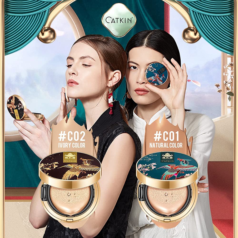 CATKIN 2Pcs Makeup Set Includes BB Cream Air Cushion Foundation C01 and C02 with Free Refill Moisturizing Natural Cover Concealer Long-lasting Makeup Oil Control Crossover Summer Palace