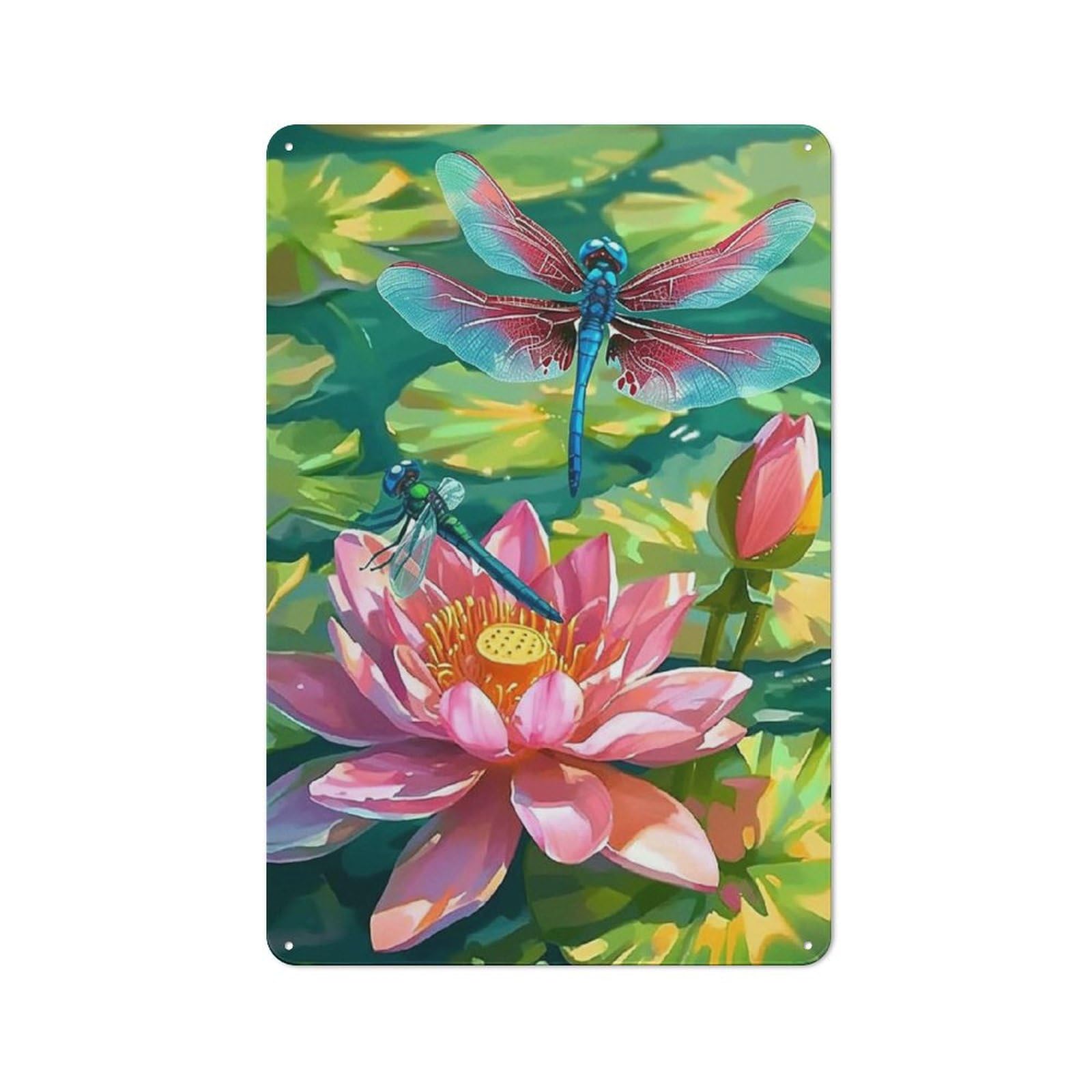 Acdoet Tin-06 Rustic Metal Tin Sign Dragonfly Lotus Wall Art, Beautiful Flower Painting Pictures For Home Bedroom Decor 8X12 Inch