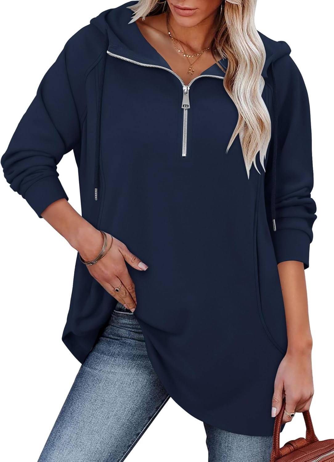onlypuff Women Hoodie Pullover Trendy Quarter Zipper Lapel Sweatshirts Drawstring Cute Hooded Tunic Tops with Side Pockets - Image 2