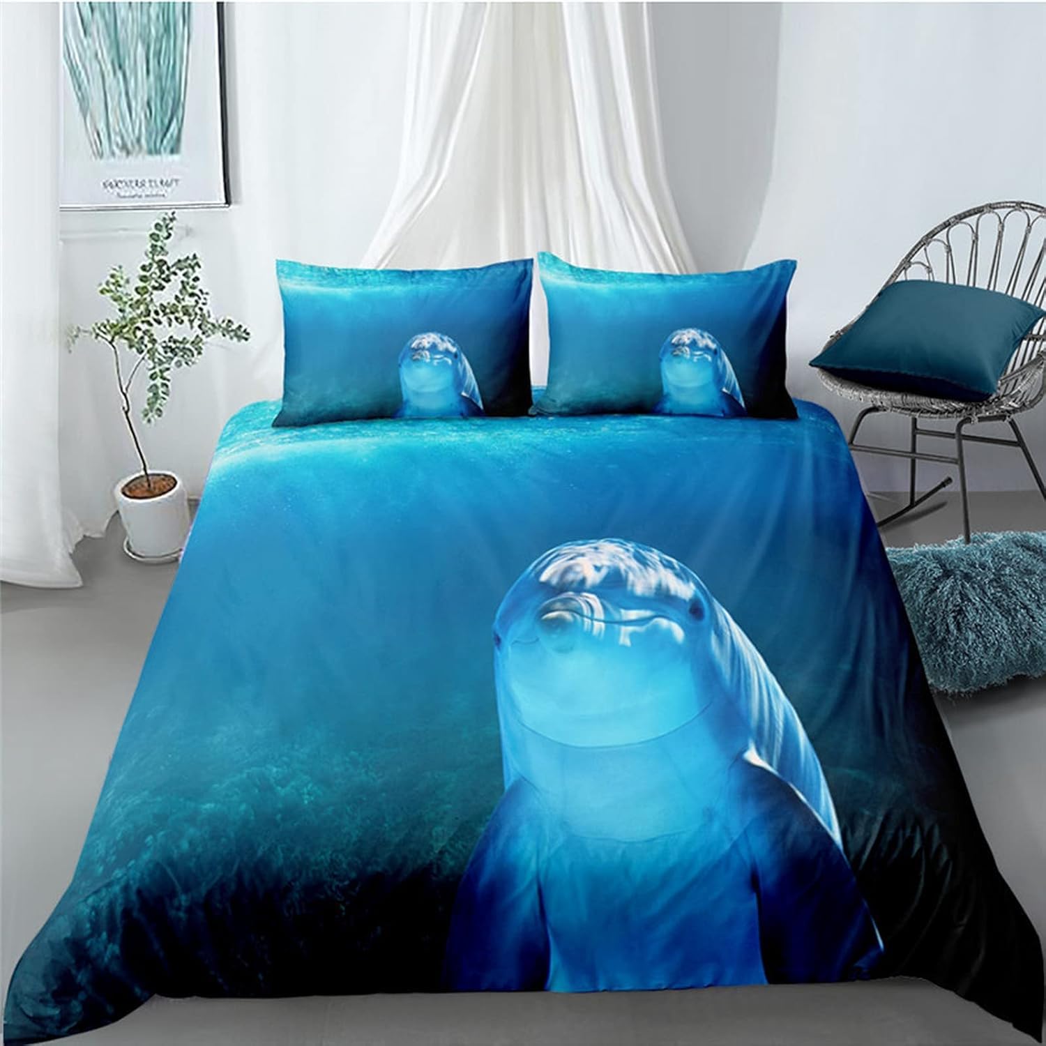 Housse de couette dauphin anti-allergie grand lit parure microfibre douce fermeture éclair