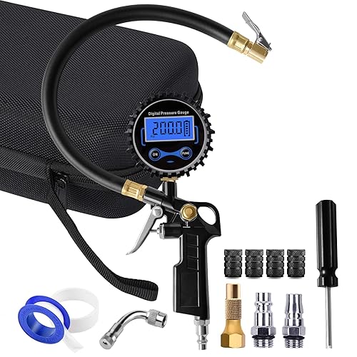 Miniatura 9 de Medidor digital de presión de neumáticos de 200 PSI con inflador, acoplador de conexión rápida de portabrocas de aire, válvula Schrader estándar de