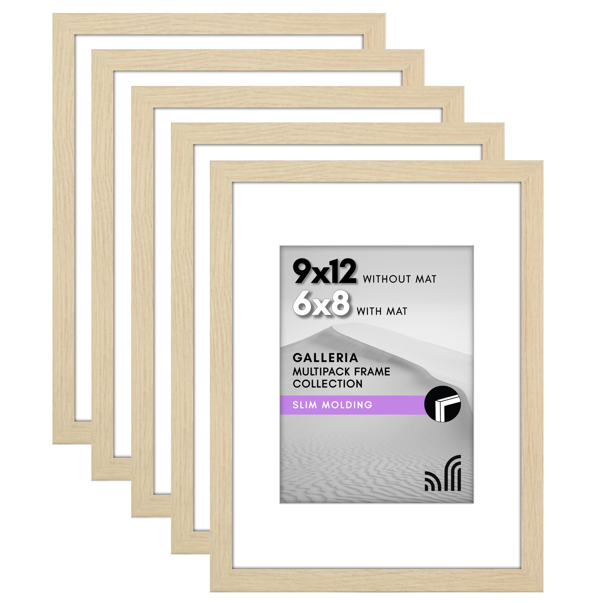 Americanflat 9x12 Picture Frame Set of 5 - Polished Plexiglass - Use as 6x8 With Mat or 9x12 Without Mat - Galleria Collection - Gallery Wall Display - Natural Oak