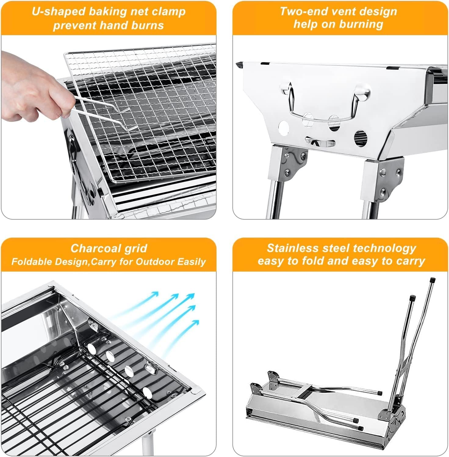 JIUYUEYA Barbacoa de carbón Grande con asa de Transporte - Parrilla Plegable de Acero Inoxidable for Barbacoa, Patio Exterior, jardín,calefacción, ahumador,para cocinar,Comer, Asar a la Parrilla