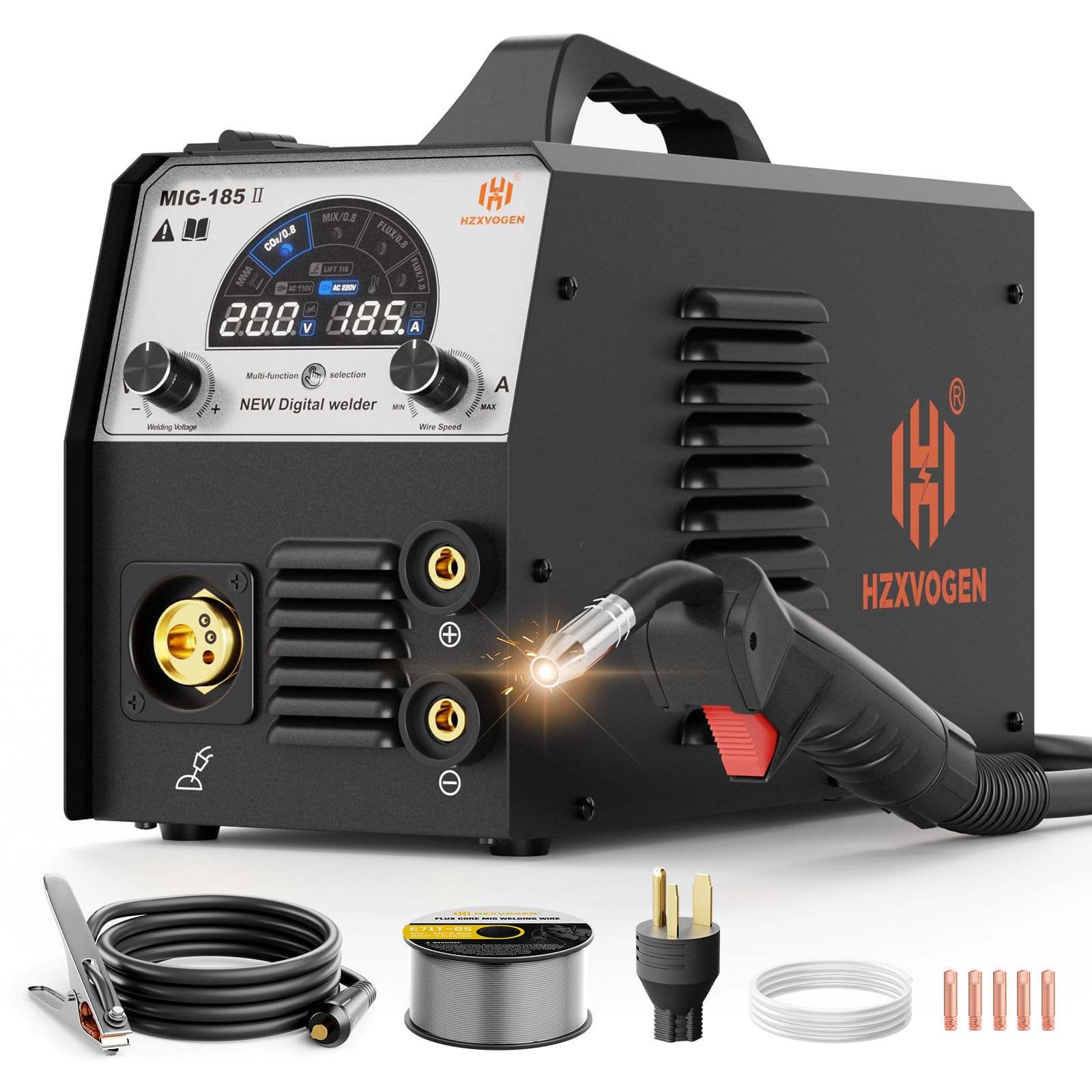 H HZXVOGEN 185A MIG Welder, 4 in 1 Multiprocess Gas/Gasless/Lift