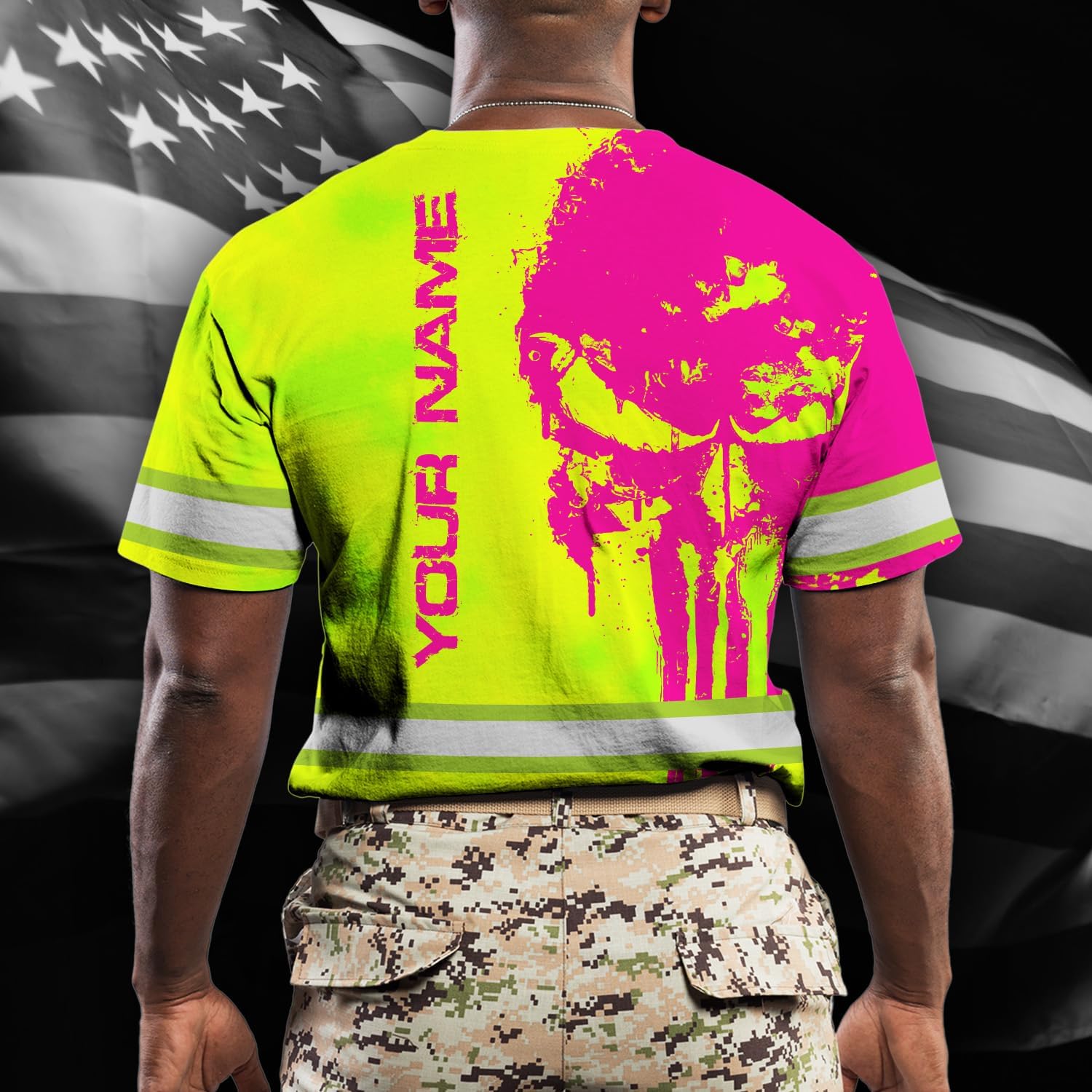BRIGHTGUARD Reflective Hi Vis Shirt Skull Custom Name Safety Workwear for Workers, Operator, Cyclists, Skull Lovers