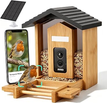 Smart Bird Feeder with Camera 1080P Video Wooden Bird Feeder Camera Solar Powered with AI Identify Bird Species,Auto Record Birds Video, Instant Notifications, IP66 Waterproof for Outdoor