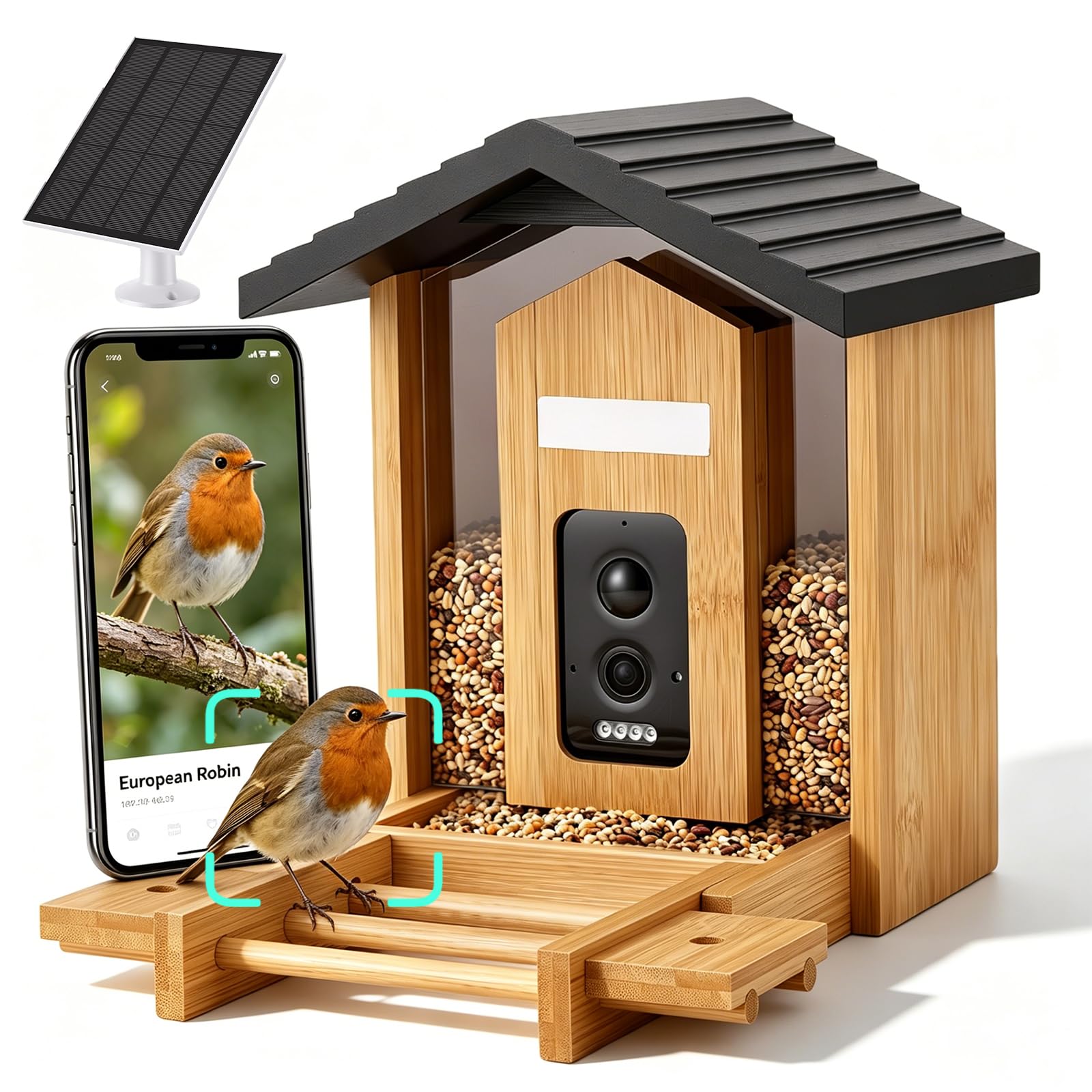 Smart Bird Feeder with Camera 1080P Video Wooden Bird Feeder Camera Solar Powered with AI Identify Bird Species,Auto Record Birds Video, Instant Notifications, IP66 Waterproof for Outdoor