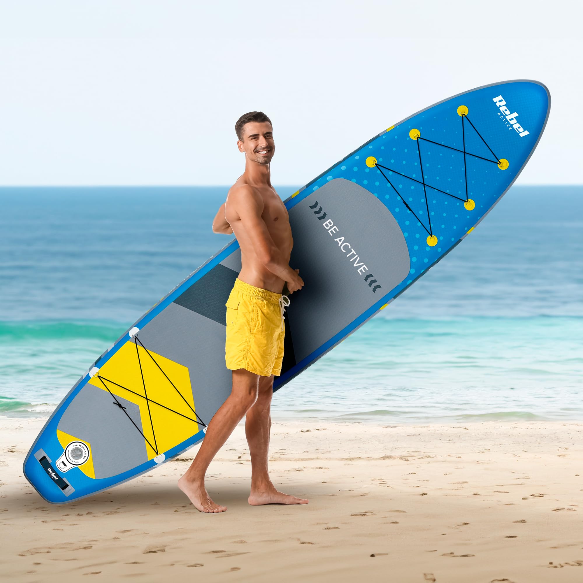 Rebel Electro Tavola da SUP con pompaggio a punto goccia da 350 cm Set zaino con pompa a pagaia RBA-4500-BL