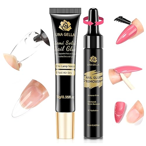 UNA GELLA Lamp-Free Semi Solid Nail Glue for Press Ons: 10ml and Soak Off Gel Nail Glue Remover for False Acrylic Nails 12ml, Super Strong G LUE Quick Removal Kit - A02-Solid Nail Glue Kit