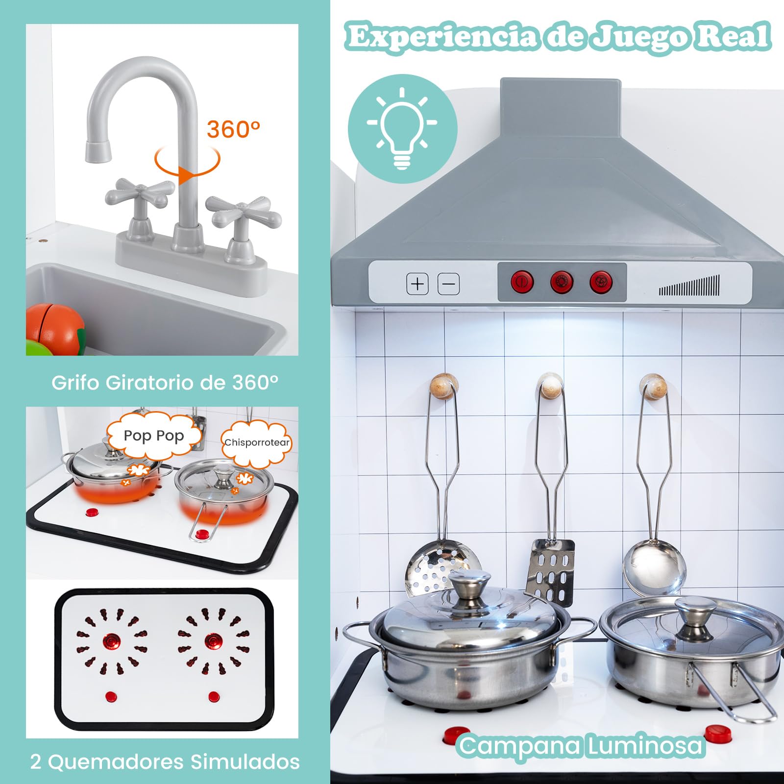 COSTWAY Cocina Juguete Infantil, Cocinita de Madera Infantil 3 en 1 con Refrigerador, Lavadora, Máquina de Hielo, Estufa, Fregadero, Horno, Microondas, Cocina Juguete con Luces y Sonidos (Gris)