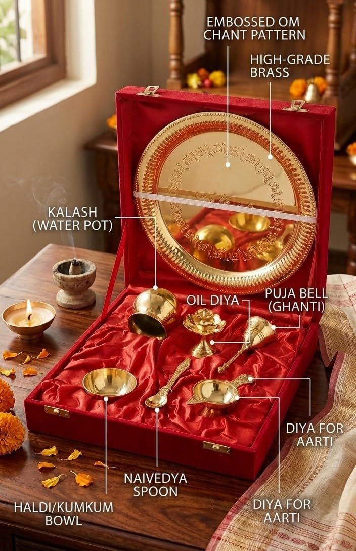 Brass Pooja Thali Set - 7 Piece Gift Box -2