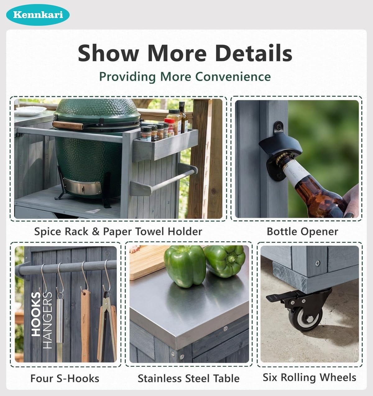 80.5" Outdoor Kitchen Island for Big Green Egg and Stainless Steel Top, Solid Wood Grill Cart with Blackstone Griddle, Rolling Bar Cart with Drawer for Pizza Prep and BBQ (Blue)