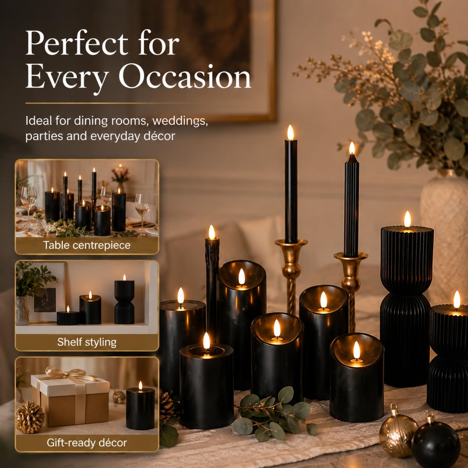 Mateju 12 Pezzi Candele LED Fiamma Oscillante con Telecomando e Timer, Candele LED Decorative a Batteria Luci Senza Fiamma Lunghe per Interni Esterni Camera da Letto Sala (Nero)