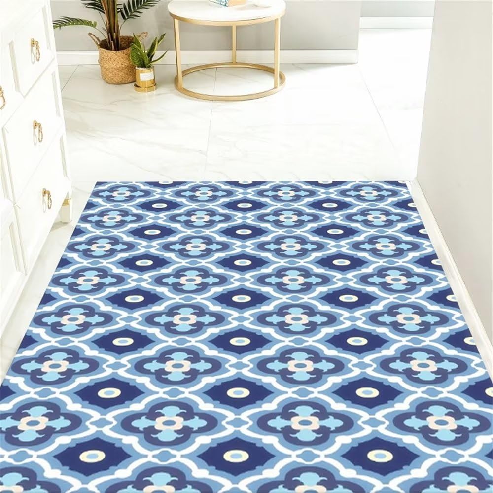 Tapis de chambre garçon bleu 50x80cm à motif fleurs en treillis