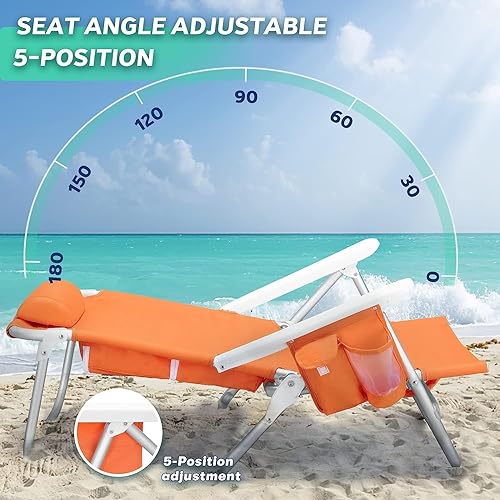 Miniatura 8 de OFIKA Paquete de 2 sillas de playa resistentes para adultos, mochila alta de respaldo alto, sillas de playa planas de 5 posiciones con