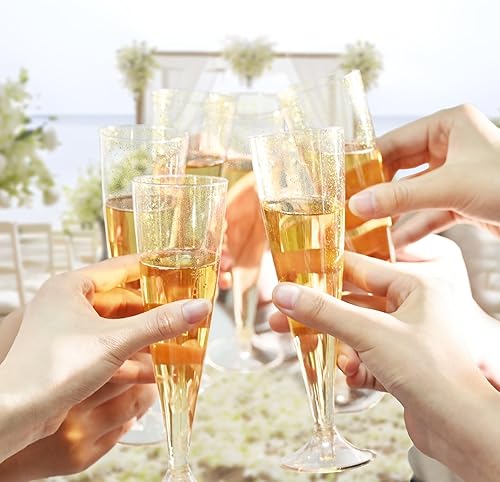 Miniatura 7 de TOFLEN Copas de champán de plástico, 50 unidades de 4.5 onzas, copas de champán con tallo de purpurina dorada desechables, vasos de plástico