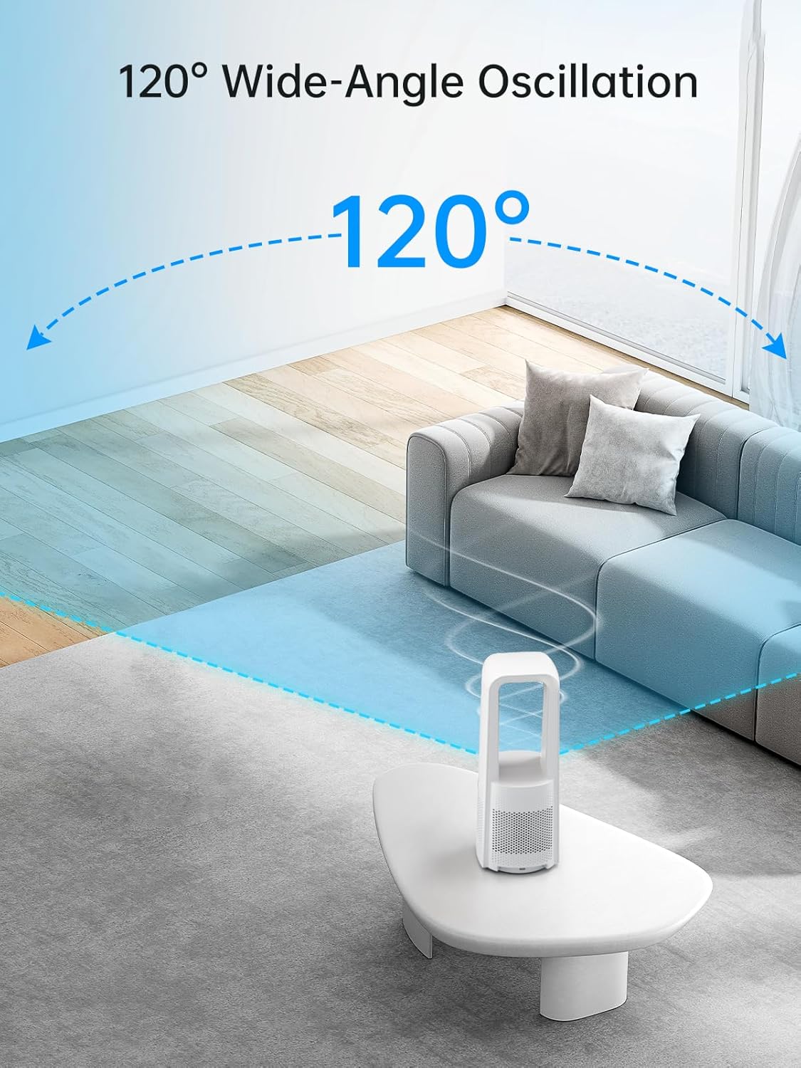 Desk Fan Bladeless, 120° Oscillating Fan Rechargeable, Quiet Fan with Night Light, Smart LED Touch Control, 4 Speed & 9H Timer, Small Table Fan, Auto Display Off, Ideal for Home, Office, Study Room