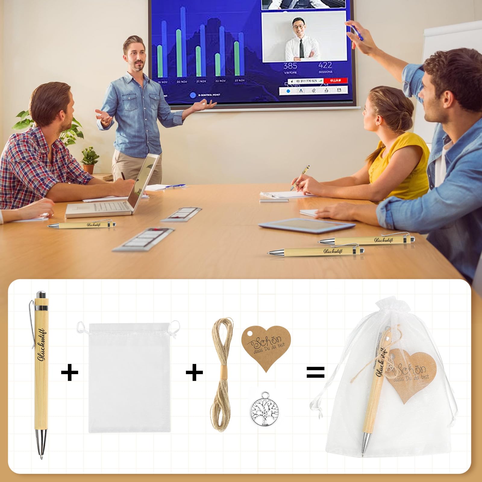 Set Di 24 Penne Portafortuna In Legno Di Bambù Con Biglietti E Sacchetti – Regalo Di Ringraziamento Per Colleghi