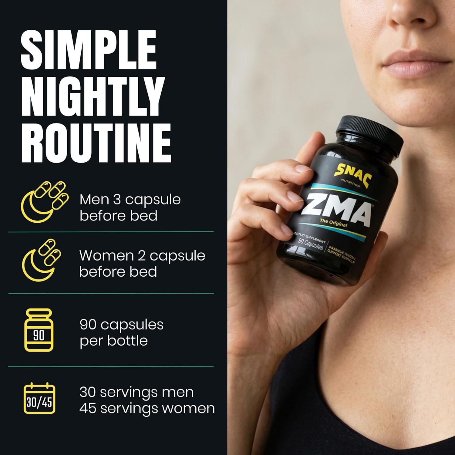 SNAC ZMA The Original Sleep & Recovery Supplement - Supports Muscle Recovery, Restful Sleep, Relaxation, Stress Relief and Immune Support with Magnesium, Zinc and Vitamin B6, 90 Veggie Capsules