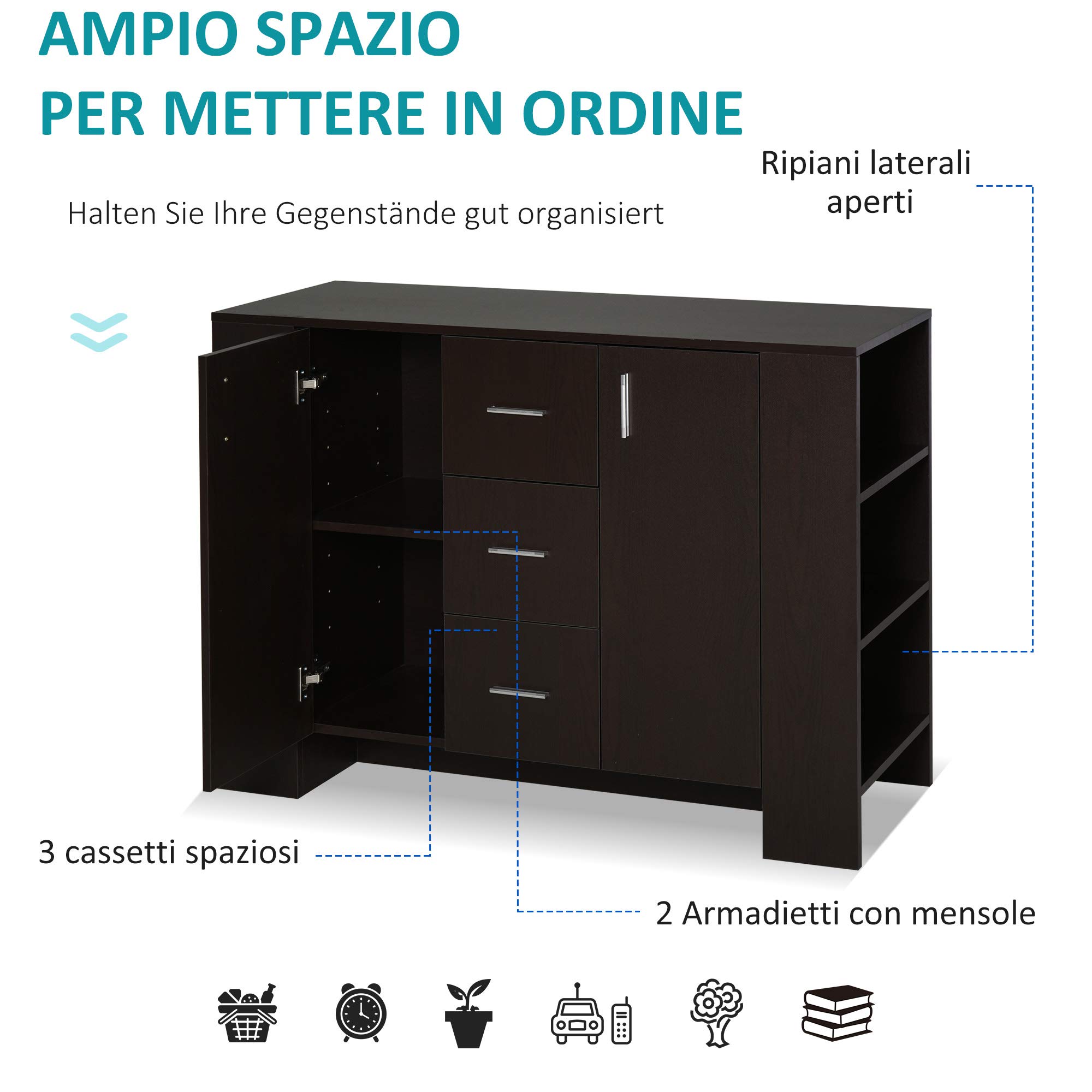 Credenza Soggiorno HOMCOM 140x35x75cm - 3 Cassetti, 2 Ante, Soft-Close, Legno E Nero - Foto 8