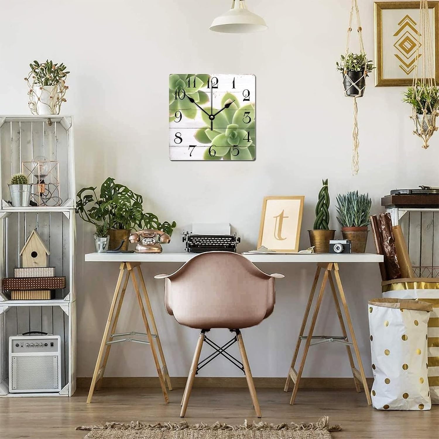 15 Inch Wood Wall Clock Succulent Plants with Big Numbers Durable Wall Clock Aesthetic Old Fashioned Wood Clock Wall Decor for Office School Bedroom Decorations