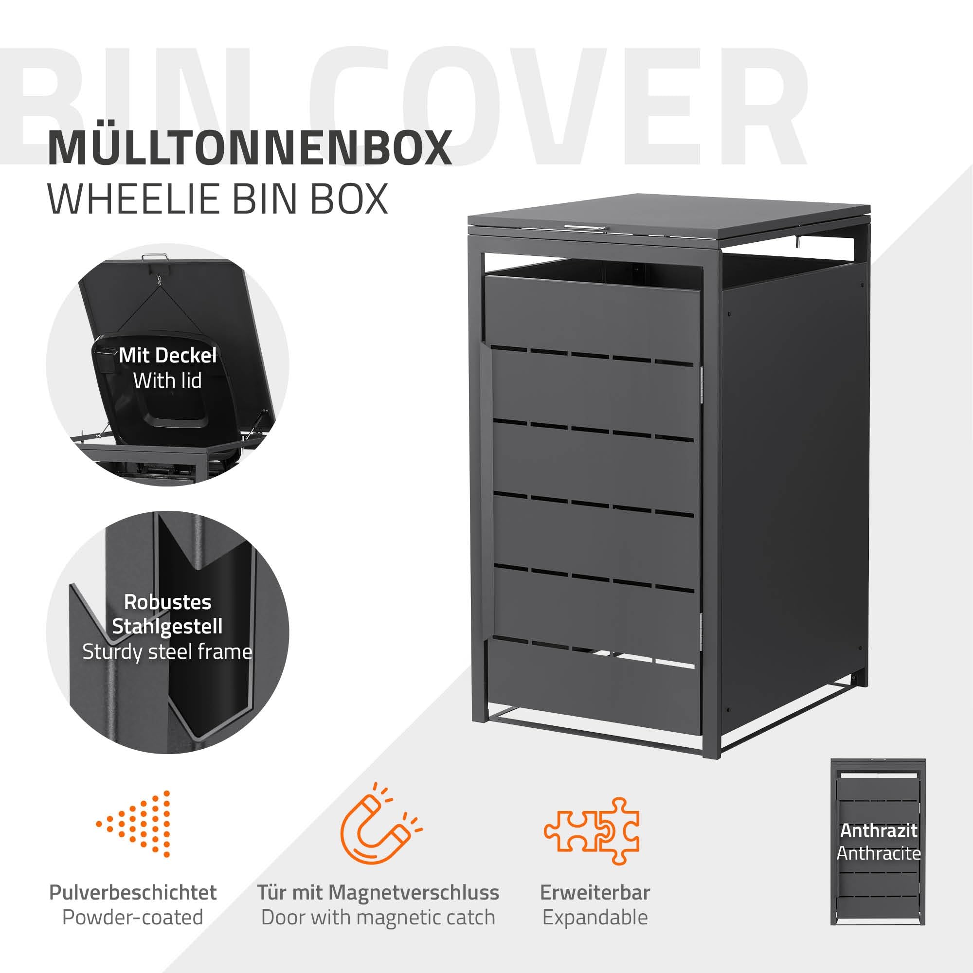 ML-Design Mülltonnenbox 1er 240L, Mülltonnenverkleidung für 1 Mülltonne, Müllbox wetterfest, Mülltonnenhaus aus Stahl, Müllcontainer mit Klappdeckel & Tür, Gerätebox erweiterbar 68x80x120 cm Anthrazit