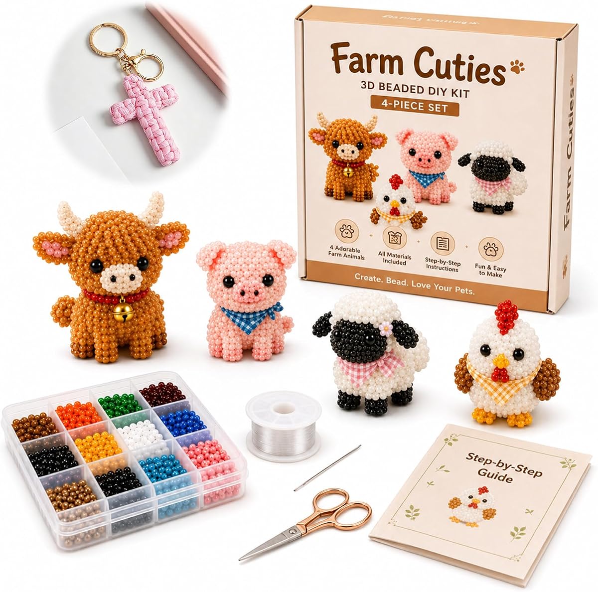 FISASA Mini kit de animales con cuentas 3D para manualidades, juego de cuentas paso a paso con suministros de cuentas para hacer animales lindos (tema de granja)