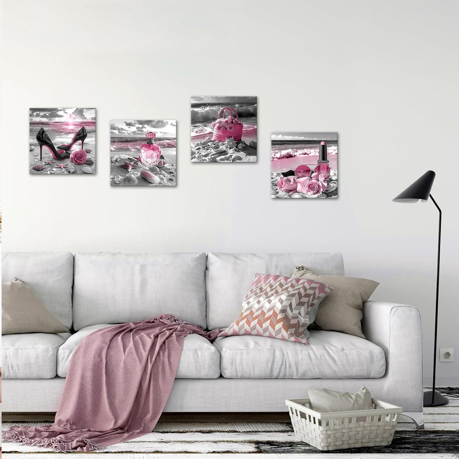 LyerArtork 4 Pieces Pink Makeup Room Canvas Wall Art Fashion Perfume High Heels Lipstick Beach Flower Picture Beauty Salon Woman Wall Decor Print Artworks for Bedroom Girls Room 12x12inchx4