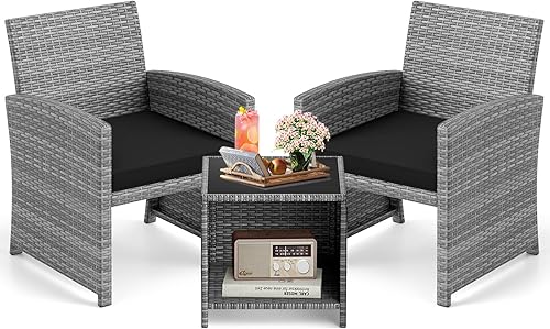 KOTEK Juego de muebles de patio de 3 piezas, sillas de patio de mimbre para exteriores con cojines y mesa de almacenamiento, juego de bistró de
