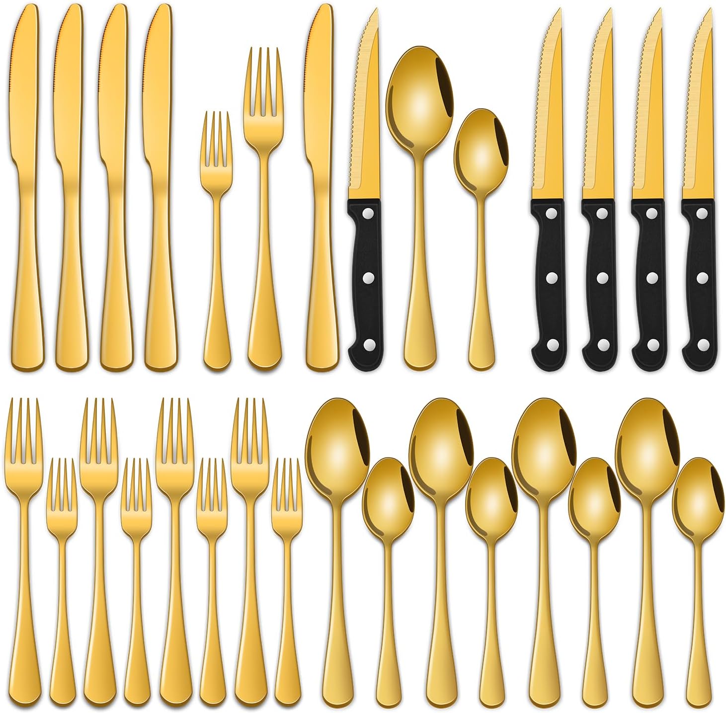 24-Piece Gold Silverware Set with Steak Knives,Golden Flatware Sets Service For 4 Person For Home,Party,Restaurant,Durable Cutlery Sets,Includes Knife Spoon and Forks Sets