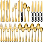 24-Piece Black Silverware Set with Steak Knives, Black Flatware Set for 4, Food-Grade Stainless Steel Tableware Cutlery Set, Mirror Finished Knife Spoon and Fork Sets for Home Restaurant