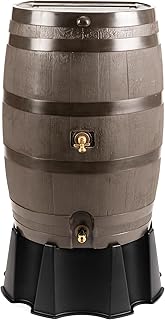 RTS Home Accents 50-Gallon Dual Spigot Rain Barrel, Flat Back Rain Water Collection Barrel, Stand Included, Walnut Color