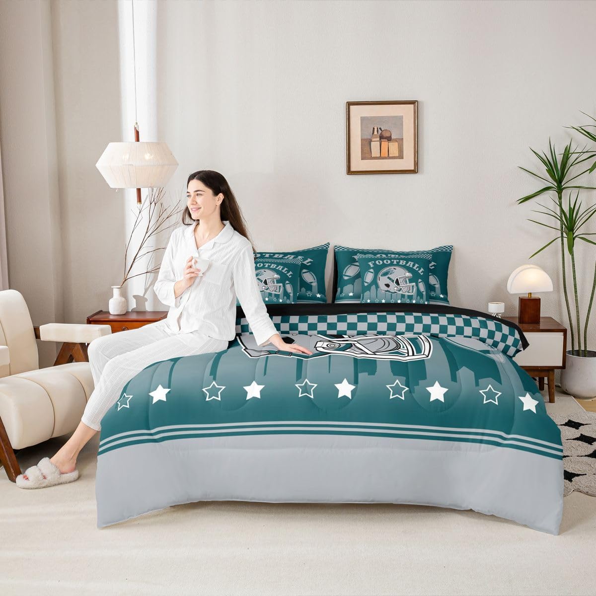 Erosebridal Sports Bedding Set Boys Football 7 Pcs Comforter Set Queen for Football Gifts,Sport Rugby Bed in A Bag with Flat and Fitted Sheet Yellow and Black Room Decor