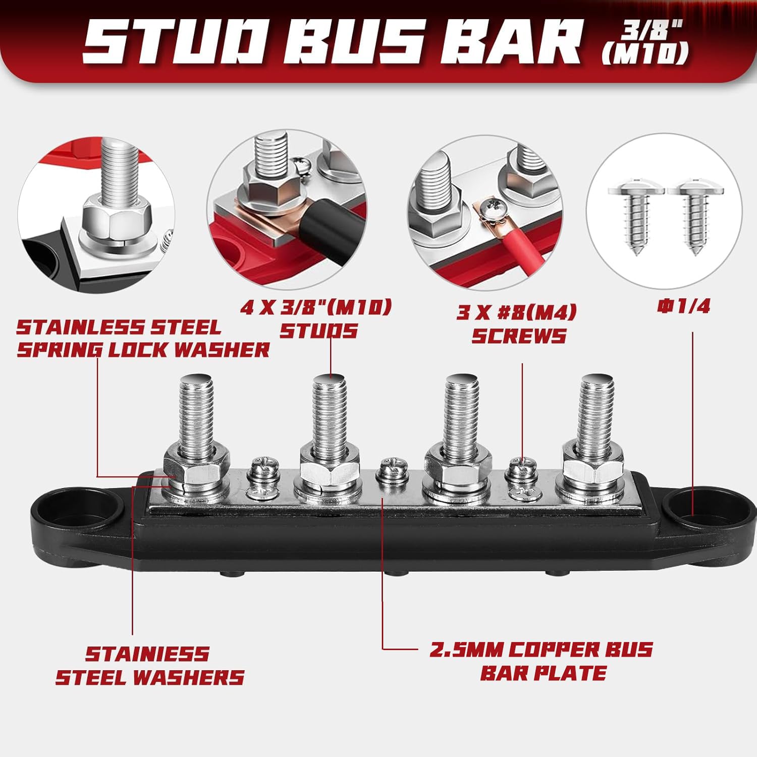 2 Stuks Verzamelrails 12V Verdeelblok, 250A BusBar Box met 4 x M10 klembouten, 12 V ~ 48 V DC stroomverdelingsblok Lock, high-performance module voor aardstroom auto RV boot jacht(rood zwart