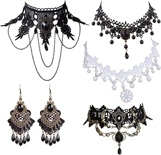 5 Pieces/Set Halloween Sexy Jewelry Women Lady Elegant Goth Gothic Steampunk Lace Choker Necklace Black Neck Chain Collar Statement with pendant Victorian Wedding Party Cosplay