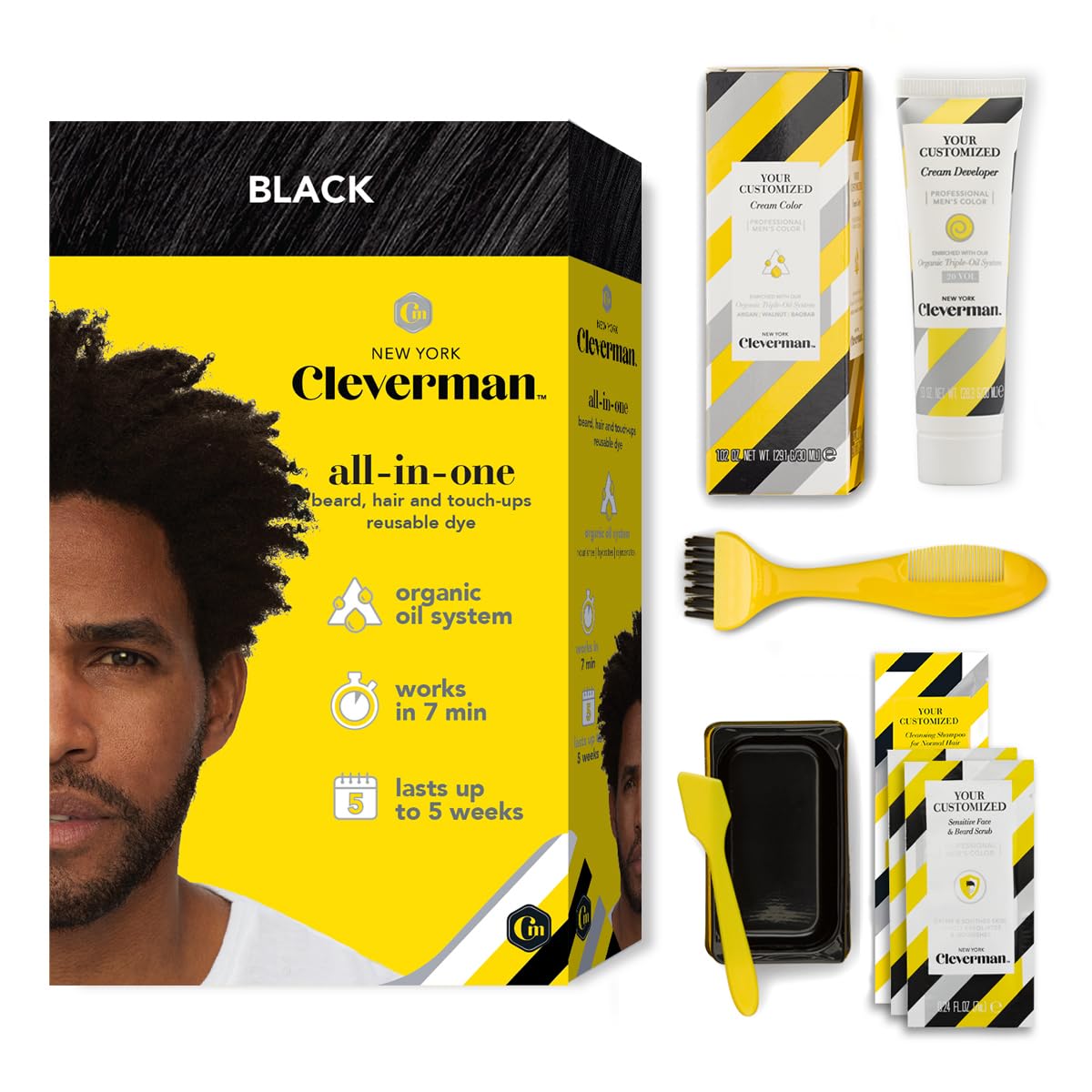 Cleverman Hair & Beard Dye Kit for Men, All-in-One Reusable Mens Hair Color, Natural Gray Coverage, Ammonia-Free Beard Mustache Dye for Men (Black for Black Men)