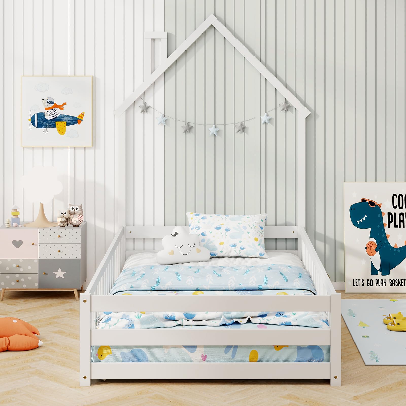 Giantex Twin Floor Bed, House-Shaped Montessori Bed Frame with Headboard, Full-Length Guardrail, Chimney & Solid Wood Structure, Without Slats, Floor Twin Bed Frames for Kids Boys Girls, White