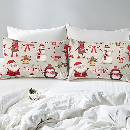 Miniatura 3 de Erosebridal Juego de sábanas de Feliz Navidad, juego de ropa de cama de Papá Noel para niños, tamaño Queen, lindo pingüino de ciervo, sábana bajera
