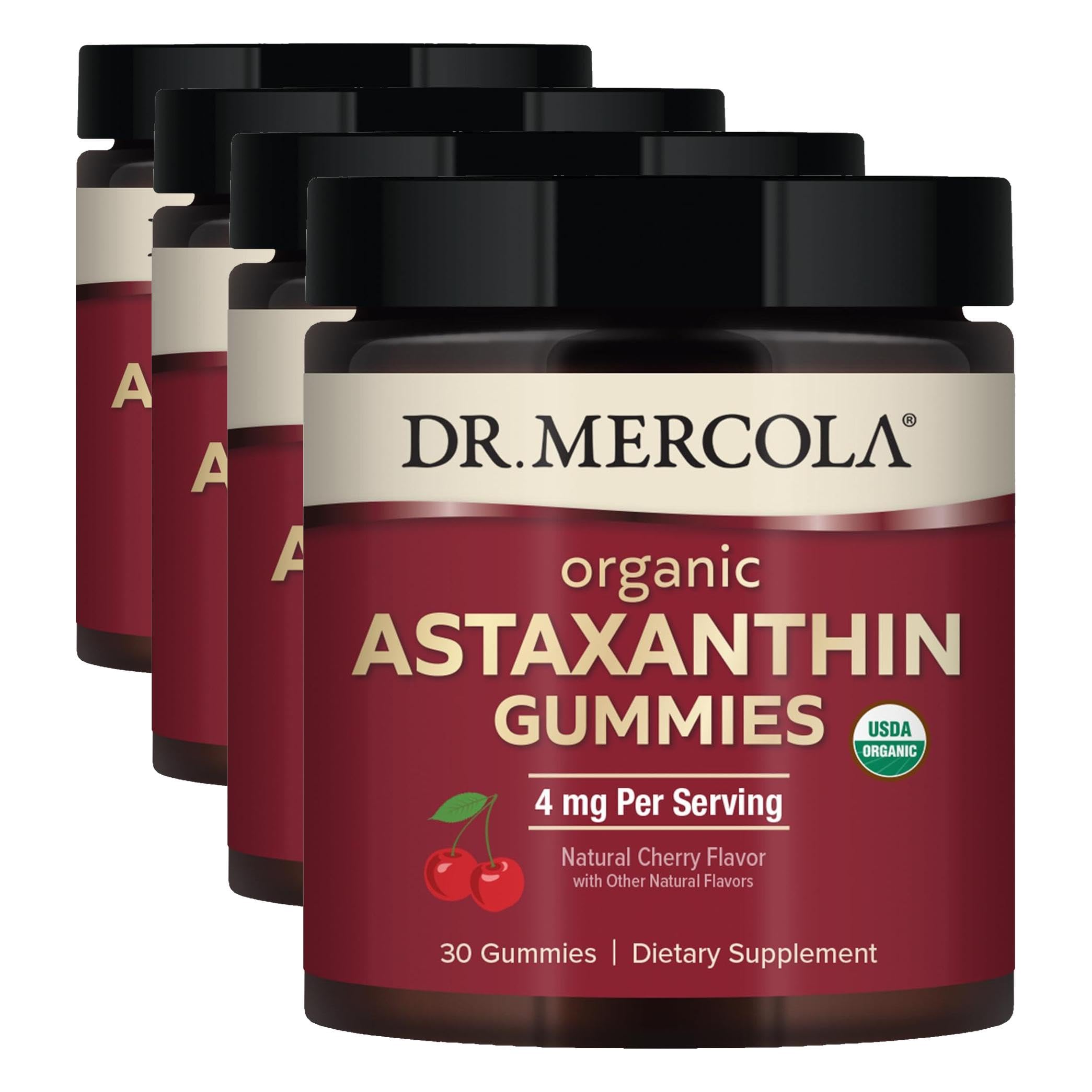Dr. Mercola Organic Astaxanthin Gummies, 30 Servings (30 Gummies), 4 mg Per Serving, Dietary Supplement, Antioxidant and Immune Support, Certified Organic, Non-GMO (Pack of 4)